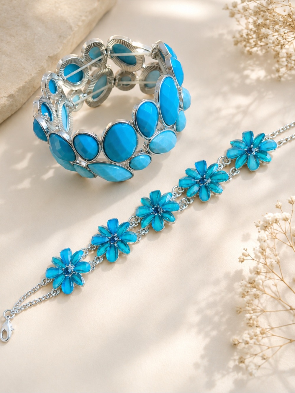 Turquoise Blue Floral Bracelet Set - Silver-Tone Women’s Jewelry